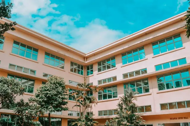 Looking up at a pink school building with teal window frames and trees in front, under a bright blue sky (stock photo).