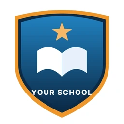 Crest of Your School: a navy shield with an amber rim, a star above an open book, and the words Your School.
