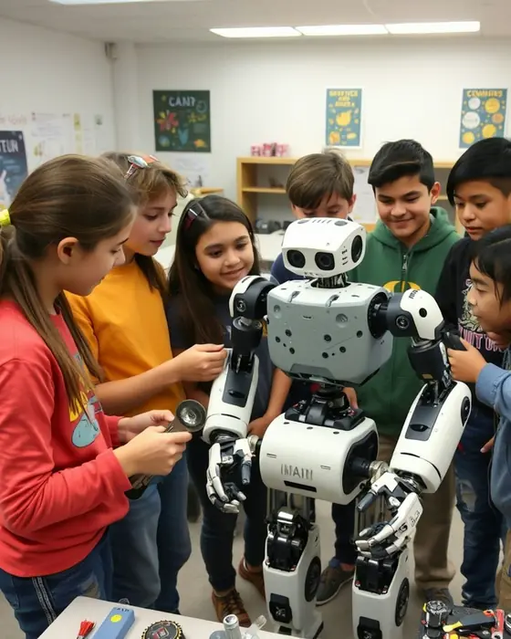 A group of children standing around a small white humanoid robot in a classroom (stock photo).